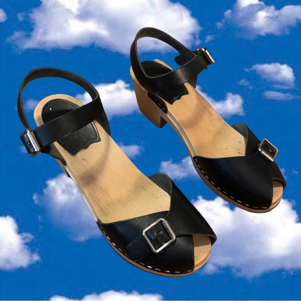 *Swedish Hasbeens Black Leather Sandals*